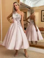 Perfect Ball-Gown One-Shoulder Flower Tea-Length Satin Dress
